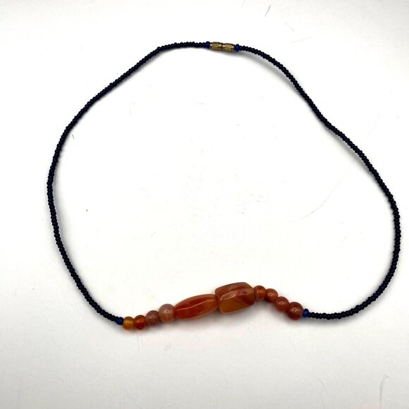 Vintage Carnelian Black Glass Beaded Necklace Orange Agate Stones Boho Unisex 21 - Picture 5 of 7